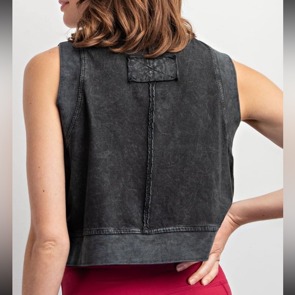 New Rae Mode Cropped Cotton Mineral Washed Sleeveless Top in Black in Sz Large - Picture 3 of 8